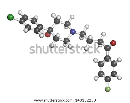 Haloperidol antipsychotic (neuroleptic) drug, chemical structure. Atoms are represented as spheres with conventional color coding: hydrogen (white), carbon (grey), nitrogen (blue), oxygen (red), etc