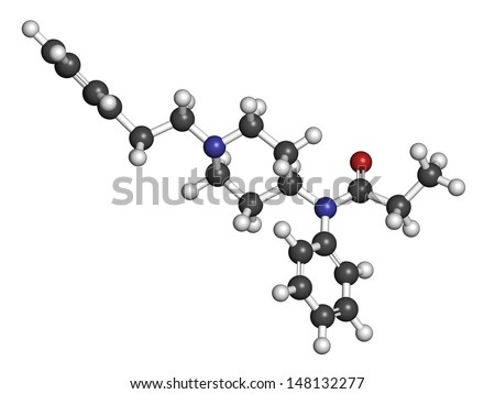 Fentanyl (fentanil) opioid analgesic drug, chemical structure. Atoms are represented as spheres with conventional color coding: hydrogen (white), carbon (grey), oxygen (red), nitrogen (blue)