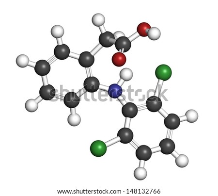 Diclofenac pain and inflammation drug (NSAID), chemical structure. Atoms are represented as spheres with conventional color coding: hydrogen (white), carbon (grey), oxygen (red), nitrogen (blue), etc