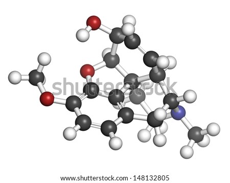 Codeine pain and cough relief drug, chemical structure. Atoms are represented as spheres with conventional color coding: hydrogen (white), carbon (grey), oxygen (red), nitrogen (blue)