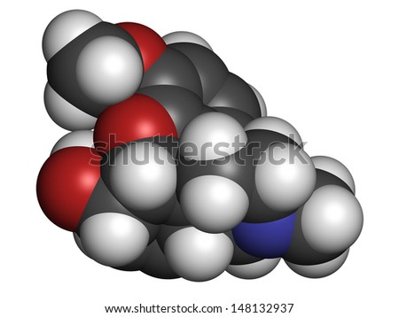 Codeine pain and cough relief drug, chemical structure. Atoms are represented as spheres with conventional color coding: hydrogen (white), carbon (grey), oxygen (red), nitrogen (blue)
