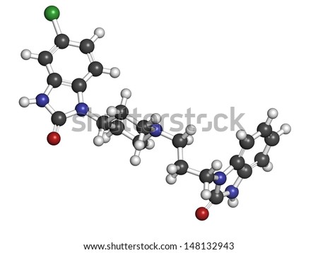 Domperidone nausea and vomiting suppressing drug, chemical structure. Also used to promote lactation. Atoms are represented as spheres with conventional color coding: hydrogen (white), etc