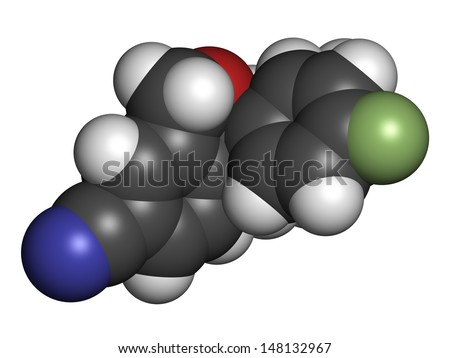 Escitalopram antidepressant drug (SSRI class), chemical structure. Atoms are represented as spheres with conventional color coding: hydrogen (white), carbon (grey), nitrogen (blue), etc