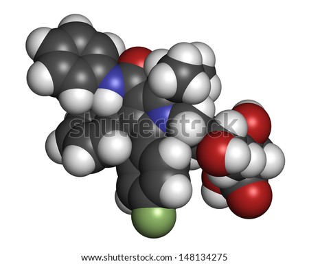 Atorvastatin cholesterol lowering drug (statin class), chemical structure. Atoms are represented as spheres with conventional color coding: hydrogen (white), carbon (grey), oxygen (red), etc.