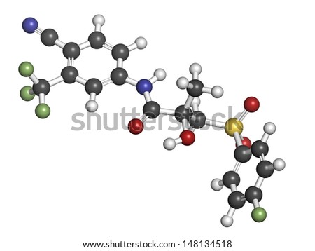 Bicalutamide prostate cancer drug (anti-androgen), chemical structure. Atoms are represented as spheres with conventional color coding: hydrogen (white), carbon (grey), oxygen (red), etc