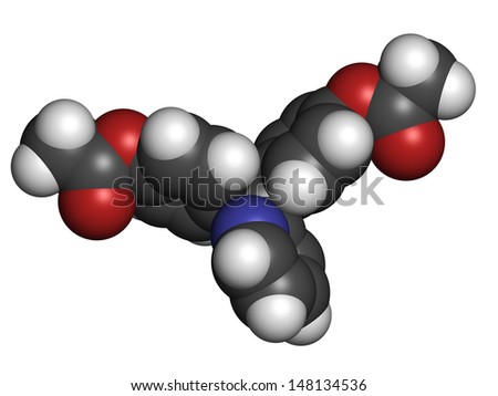 Bisacodyl laxative drug, chemical structure. Atoms are represented as spheres with conventional color coding: hydrogen (white), carbon (grey), oxygen (red), nitrogen (blue)