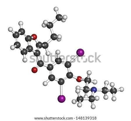 Amiodarone antiarrhythmic drug, chemical structure. Atoms are represented as spheres with conventional color coding: hydrogen (white), carbon (grey), nitrogen (blue), oxygen (red), iodine (purple)