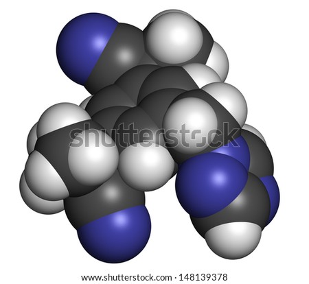 Anastrozole breast cancer drug, chemical structure. Atoms are represented as spheres with conventional color coding: hydrogen (white), carbon (grey), nitrogen (blue)