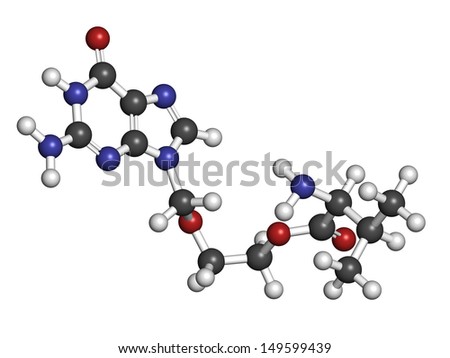 Valaciclovir (valacyclovir) herpes infection drug, chemical structure. Atoms are represented as spheres with conventional color coding: hydrogen (white), carbon (grey), nitrogen (blue), oxygen (red).