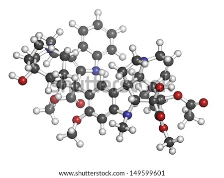 Vinblastine cancer chemotherapy drug, chemical structure. Atoms are represented as spheres with conventional color coding: hydrogen (white), carbon (grey), nitrogen (blue), oxygen (red).