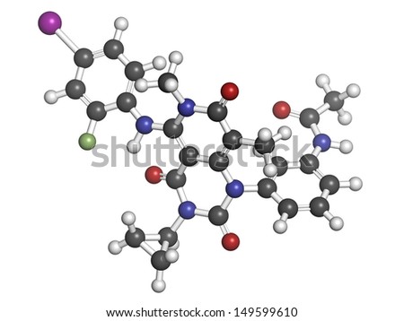 Trametinib melanoma cancer drug, chemical structure. Atoms are represented as spheres with conventional color coding: hydrogen (white), carbon (grey), nitrogen (blue), oxygen (red), etc