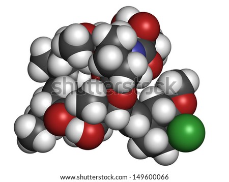 pimecrolimus eczema (atopic dermatitis) drug, chemical structure. Atoms are represented as spheres with conventional color coding: hydrogen (white), carbon (grey), nitrogen (blue), etc