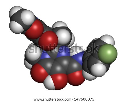 Raltegravir HIV drug (integrase inhibitor class), chemical structure. Atoms are represented as spheres with conventional color coding: hydrogen (white), carbon (grey), nitrogen (blue), etc