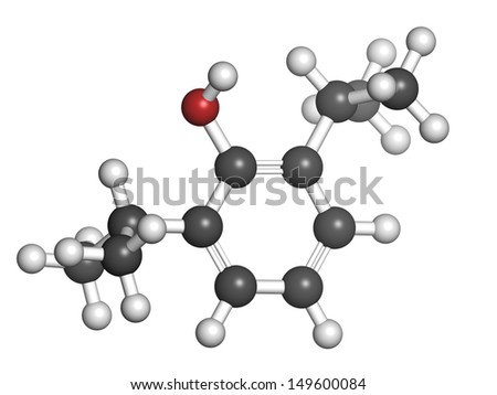Propofol anesthetic drug, chemical structure. Atoms are represented as spheres with conventional color coding: hydrogen (white), carbon (grey), oxygen (red).