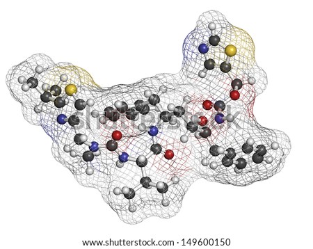 Ritonavir HIV drug (protease inhibitor class), chemical structure. Atoms are represented as spheres with conventional color coding: hydrogen (white), carbon (grey), nitrogen (blue), oxygen (red), etc