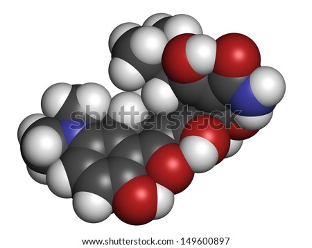 Minocycline antibiotic drug (tetracycline class), chemical structure. Atoms are represented as spheres with conventional color coding: hydrogen (white), carbon (grey), nitrogen (blue), oxygen (red).