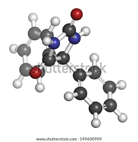 Phenytoin epilepsy drug, chemical structure. Atoms are represented as spheres with conventional color coding: hydrogen (white), carbon (grey), nitrogen (blue), oxygen (red).