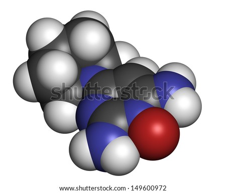 Minoxidil male pattern baldness (androgenic alopecia) drug, chemical structure. Atoms are represented as spheres with conventional color coding: hydrogen (white), carbon (grey), nitrogen (blue), etc