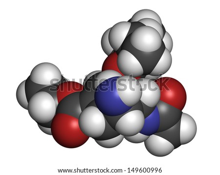 Oseltamivir influenza virus drug, chemical structure. Atoms are represented as spheres with conventional color coding: hydrogen (white), carbon (grey), nitrogen (blue), oxygen (red).