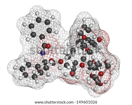 Paclitaxel cancer chemotherapy drug, chemical structure. Atoms are represented as spheres with conventional color coding: hydrogen (white), carbon (grey), nitrogen (blue), oxygen (red).
