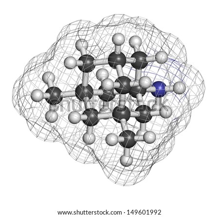 Memantine Alzheimer\'s disease drug, chemical structure. Atoms are represented as spheres with conventional color coding: hydrogen (white), carbon (grey), nitrogen (blue).