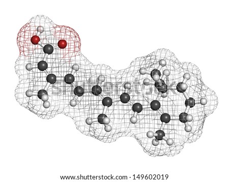 Isotretinoin acne treatment drug, chemical structure. Known to be a teratogen (causes birth defects). Atoms are represented as spheres with conventional color coding: hydrogen (white), etc