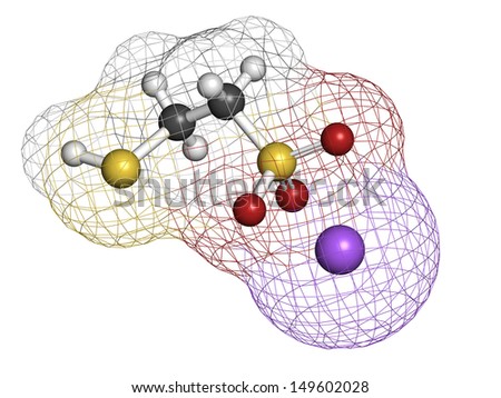 Mesna cancer chemotherapy adjuvant and mucolytic drug, chemical structure. Atoms are represented as spheres with conventional color coding: hydrogen (white), carbon (grey), oxygen (red), etc