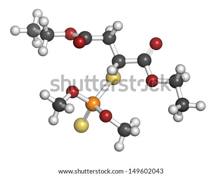 Malathion insecticide, chemical structure. Used to treat head lice, body lice, scabies and in agriculture. Atoms are represented as spheres with conventional color coding: hydrogen (white), etc