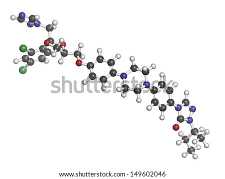 Itraconazole antifungal drug (triazole class), chemical structure. Atoms are represented as spheres with conventional color coding: hydrogen (white), carbon (grey), nitrogen (blue), oxygen (red), etc