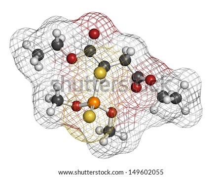 Malathion insecticide, chemical structure. Used to treat head lice, body lice, scabies and in agriculture. Atoms are represented as spheres with conventional color coding: hydrogen (white), etc