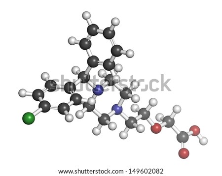 Cetirizine (levocetirizine) antihistamine drug, chemical structure. Used to treat hay fever, urticaria and allergies. Atoms are represented as spheres with conventional color coding.