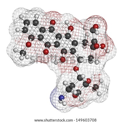 Epirubicin cancer chemotherapy drug, chemical structure. Atoms are represented as spheres with conventional color coding: hydrogen (white), carbon (grey), nitrogen (blue), oxygen (red).