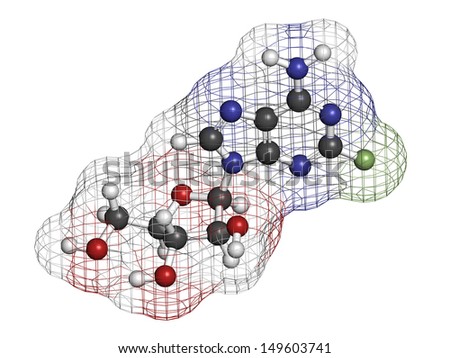 Fludarabine blood cancer drug, chemical structure. Atoms are represented as spheres with conventional color coding: hydrogen (white), carbon (grey), nitrogen (blue), oxygen (red).