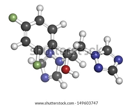 Fluconazole antifungal drug (triazole class), chemical structure. Atoms are represented as spheres with conventional color coding: hydrogen (white), carbon (grey), nitrogen (blue), oxygen (red), etc