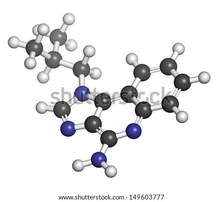 Imiquimod topical skin cancer drug, chemical structure. Atoms are represented as spheres with conventional color coding: hydrogen (white), carbon (grey), nitrogen (blue).
