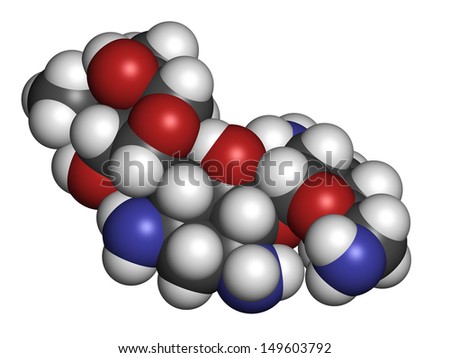 Gentamicin antibiotic drug (aminoglycoside class), chemical structure. Atoms are represented as spheres with conventional color coding: hydrogen (white), carbon (grey), nitrogen (blue), oxygen (red).