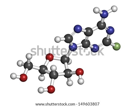 Fludarabine blood cancer drug, chemical structure. Atoms are represented as spheres with conventional color coding: hydrogen (white), carbon (grey), nitrogen (blue), oxygen (red), etc