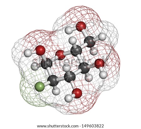 Fludeoxyglucose 18F (fluorodeoxyglucose 18F, FDG) cancer imaging diagnostic drug, chemical structure. Contains radioactive isotope fluorine-18. Atoms are represented as spheres.