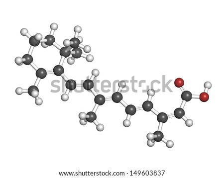 Isotretinoin acne treatment drug, chemical structure. Known to be a teratogen (causes birth defects). Atoms are represented as spheres with conventional color coding: hydrogen (white), etc