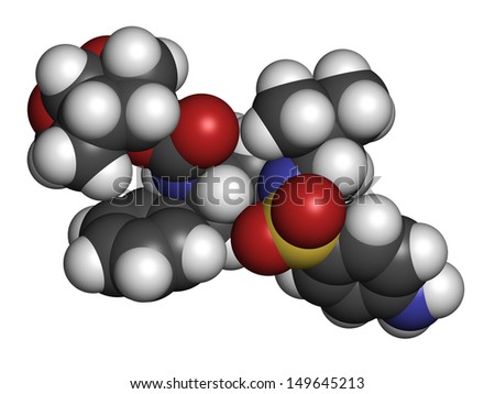 Darunavir HIV drug (protease inhibitor class), chemical structure. Atoms are represented as spheres with conventional color coding: hydrogen (white), carbon (grey), nitrogen (blue), oxygen (red), etc