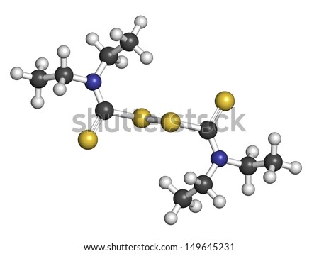 Disulfiram alcoholism treatment drug, chemical structure. Atoms are represented as spheres with conventional color coding: hydrogen (white), carbon (grey), nitrogen (blue), sulfur (yellow)