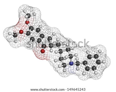 Donepezil Alzheimer\'s disease drug, chemical structure. Atoms are represented as spheres with conventional color coding: hydrogen (white), carbon (grey), nitrogen (blue), oxygen (red).