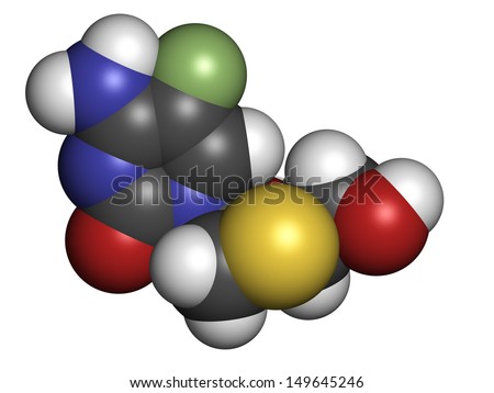 Emtricitabine HIV treatment drug, chemical structure. Atoms are represented as spheres with conventional color coding: hydrogen (white), carbon (grey), nitrogen (blue), oxygen (red), etc.