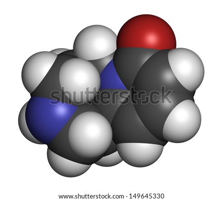 Cytisine (baptitoxine, sophorine) smoking cessation drug, chemical structure. Atoms are represented as spheres with conventional color coding: hydrogen (white), carbon (grey), nitrogen (blue), etc