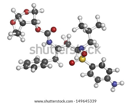 Darunavir HIV drug (protease inhibitor class), chemical structure. Atoms are represented as spheres with conventional color coding: hydrogen (white), carbon (grey), nitrogen (blue), oxygen (red), etc