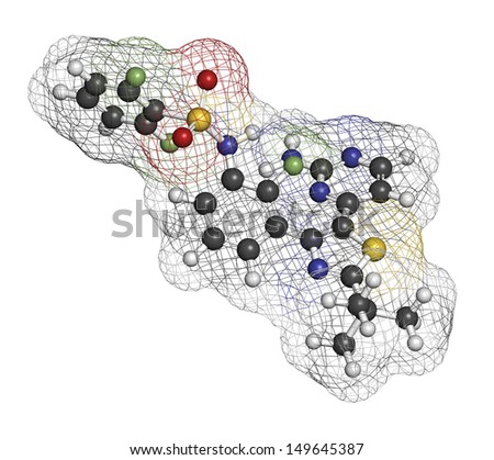 Dabrafenib melanoma cancer drug, chemical structure. Atoms are represented as spheres with conventional color coding: hydrogen (white), carbon (grey), nitrogen (blue), oxygen (red), etc