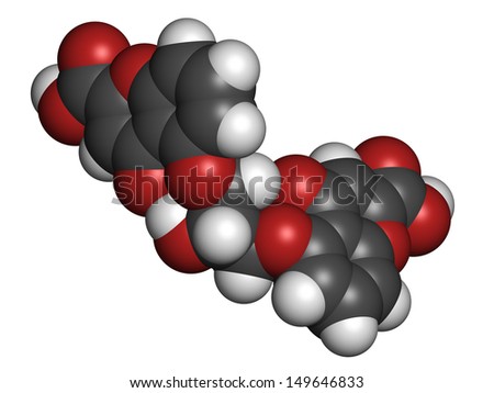 Cromoglicic acid (cromolyn, cromoglycate) asthma and allergy drug, chemical structure. Atoms are represented as spheres with conventional color coding: hydrogen (white), carbon (grey), oxygen (red).