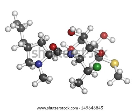 Clindamycin antibiotic drug (lincosamide class), chemical structure. Atoms are represented as spheres with conventional color coding: hydrogen (white), carbon (grey), nitrogen (blue), etc
