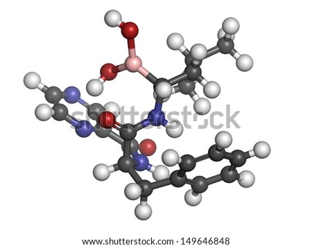 Bortezomib cancer drug (proteasome inhibitor), chemical structure. Atoms are represented as spheres with conventional color coding: hydrogen (white), carbon (grey), nitrogen (blue), oxygen (red), etc