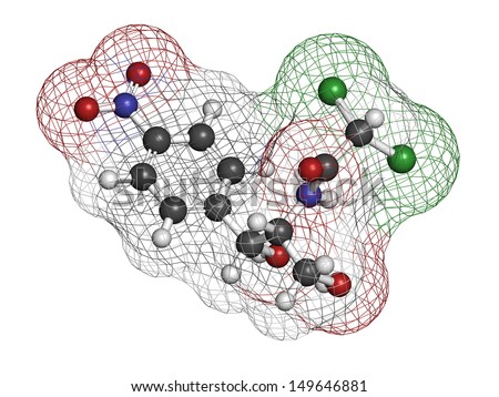 Chloramphenicol antibiotic drug, chemical structure. Atoms are represented as spheres with conventional color coding: hydrogen (white), carbon (grey), nitrogen (blue), oxygen (red), chlorine (green).